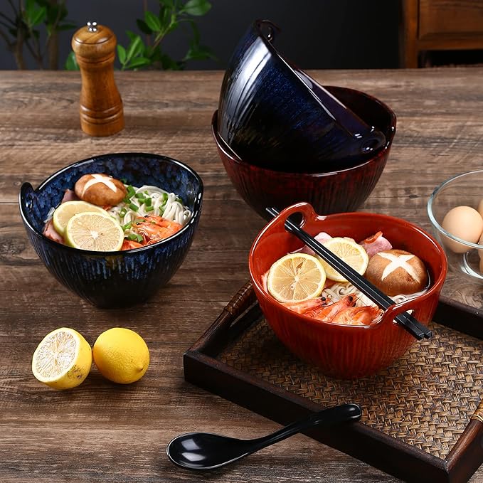 Ramen Bowl with Chopsticks and Spoons Set, 7 Inch Ceramic Noodle Bowl Set of 2, Dishwasher Safe for Pho Udon Soba Noodle Salad Pasta, Special Reactive Glazed Navy Bowls Set