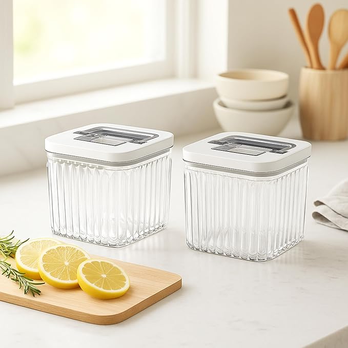Oggi Airtight Clear Fluted Canister Set of 2 - Stackable Food Storage Containers with Lids, Vintage Modern Farmhouse Style, Kitchen Counter & Pantry Organization, Size - 2 x 40.5 fl oz / 1.2 Lt