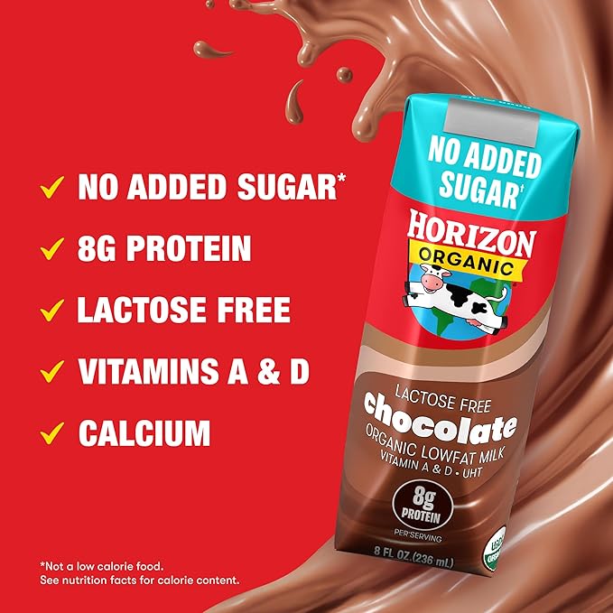 NEW Horizon Organic Shelf Stable No Added Sugar Lactose Free 1% Lowfat Chocolate Milk Boxes, Pack of 18-8g Protein per Serving