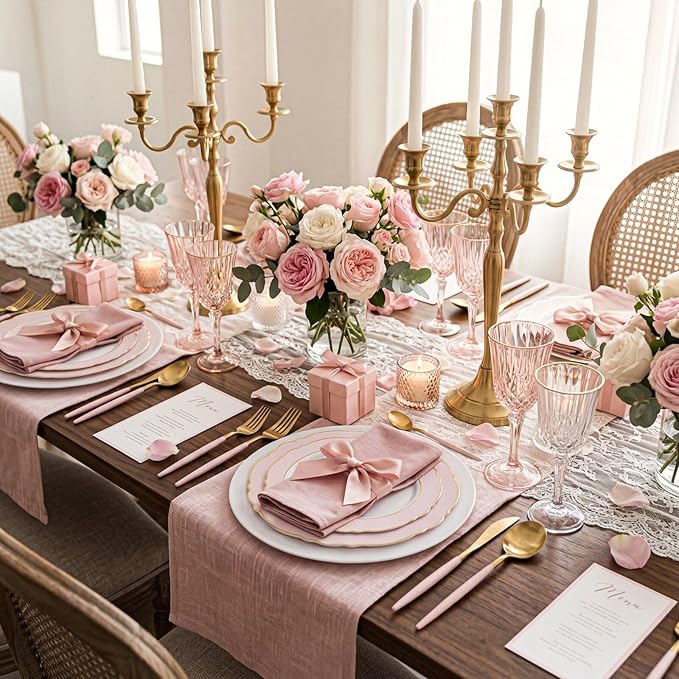 WDF 60pcs Pink Plastic Plates - 10.25inch Baroque Pink And Gold Disposable Dinner Plates for Upscale Parties -Special for Baby Shower/Birthday/Weddings