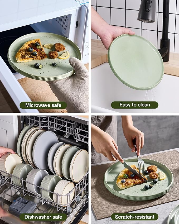 Famiware Star 24-Piece Reactive Glaze Plates and Bowls Sets, Service for 8 - Stoneware Dinnerware Set, High Edge Ribbed Dishes, Chip & Scratch Resistant, Microwave & Dishwasher Safe, Matte Sage Green