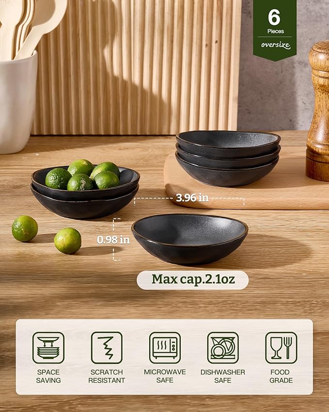 famiware Ocean Soy Sauce Dishes of 6, Oval Dipping Sauce Cups/Bowls for Kitchen, 2.1oz Ceramic Small Bowls for Side Dish, Appetizers, Snacks, and Sushi, Reactive Glaze, Dishwasher Safe, Matte Black