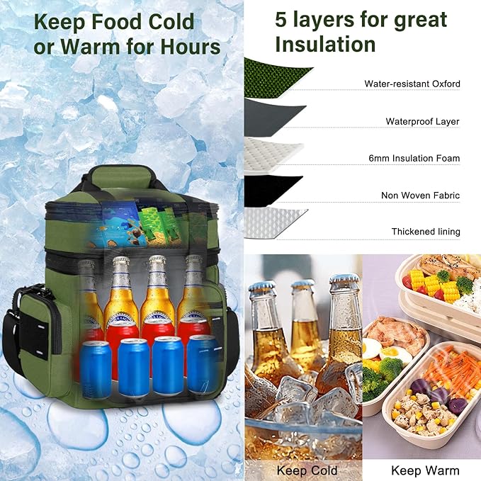 TENKIST Expandable Tactical Lunch Box, Large Insulated Lunch Cooler Bag Heavy Duty Leakproof Lunch Pail for Men Adults Work Office Outdoor Picnic Trips,16L,Army Green