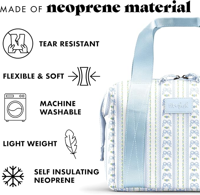 Fit & Fresh Remi Lunch Bag for Women Work – Neoprene Lunch Tote with Containers & Ice Pack, Reusable Meal Prep Lunch Box, Large Capacity, Machine Washable, Blue Wallpaper Bows