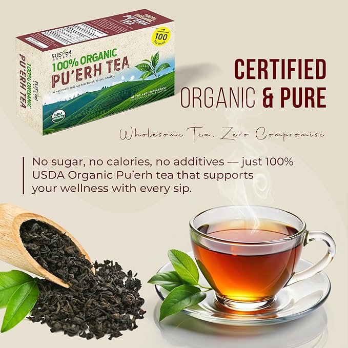 Fusion Select 100% Organic Pu'erh Tea - Natural Chinese Herbal Tea for Calmness, Relaxation, Wellness - Rich in Vitamins & Antioxidants - No Calories, Sugar, Fat - 100 Individually Wrapped Tea Bags