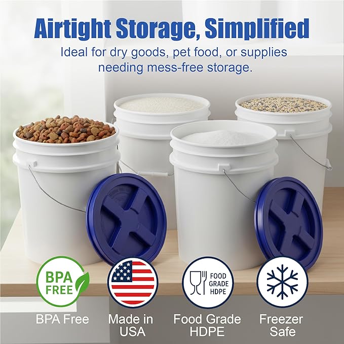 ePackageSupply 5 Gallon Bucket - Food Grade Bucket with Airtight Gamma Seal Screw-On Lid, BPA-Free, Heavy-Duty 90 Mil HDPE Plastic, Bulk Storage, Durable Container, Made in USA, White/Blue, 6 Packs