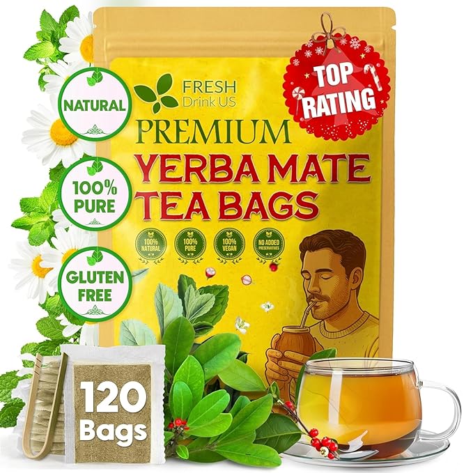 FreshDrinkUS, Yerba Mate Tea Bags | 120 Tea Bags | Traditional South American Herbal Tea – Smooth & Refreshing Flavor – Premium Quality, Sustainably Sourced. Vegan.