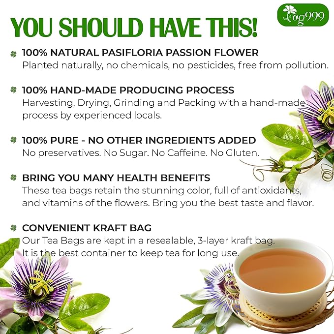 TOG999, Premium 120 Pasiflora Pasion Flower Tea Bags, 100% Natural & Pure Pasiflora Passion Flower, Herbal Tea. No Sugar, No Caffeine, No Gluten, Vegan.