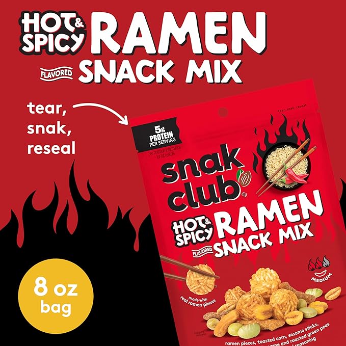 Snak Club Hot & Spicy Ramen Flavored Snack Mix, Crunchy Ramen Pieces, Toasted Corn, Sesame Sticks, Peanuts, Cashews, Edamame, Roasted Green Peas, 8 oz Resealable Bag