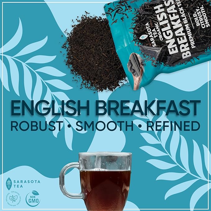 Organic English Breakfast Loose Leaf Tea | Traditional Strong Black Tea Blend | Full-Bodied Gourmet Flavor | High Caffeine | 8oz Bag | Fresh Leaves for Hot or Iced Tea | Non-GMO