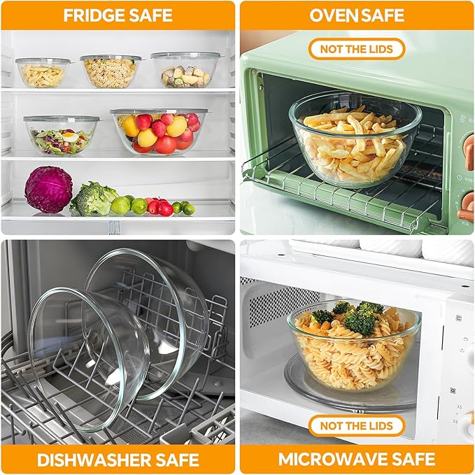 Glass Mixing Bowls with Lids Set of 5(4.78QT,2.2QT,1.7QT,1.1QT,0.85QT),Thick Glass Nesting Bowls for Kitchen Baking,Cooking Prep,Storage,Serving,Large Salad Bowls,Dishwasher Microwave Freezer Safe