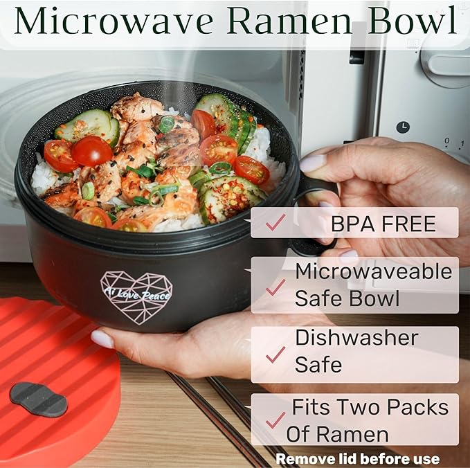 AI LOVE PEACE Microwave Noodle Bowl Set of 2, 40 oz Ramen Bowls with Lids, Dishwasher Safe Soup Bowl for Ramen, Pho, Pasta, Rice, College Dorm Essentials (Beige & Red)