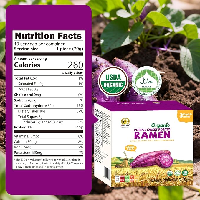 SUNGIVEN Organic Ramen Noodles Purple Sweet Potato Healthy Low Sodium Ready in 3 Minutes Non-Fried Instant No Additives or Preservatives 2.47 OZ (Pack of 10)