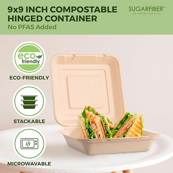 [200 COUNT]Sugarfiber by Harvest Pack PFAS FREE 9 X 9" Compostable Clamshell Food Containers, Heavy-Duty Hinged Container, Disposable Bagasse Eco-Friendly Natural Sugarcane Takeout to go Box