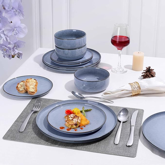 Herogo 4-Piece Stoneware Dinner Plates Set, 7.9" Ceramic Round Dessert Plate Set, Small Handmade Double Reactive Glaze Dinnerware Plates for Kitchen, Microwave, Oven and Dishwasher Safe, Haze Blue