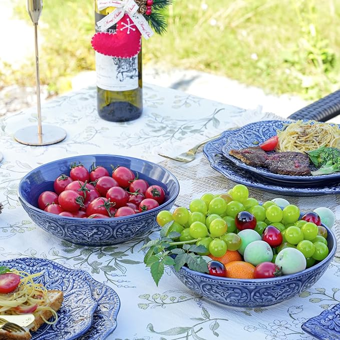Sungmor Embossed Stoneware Fine Dining Dinnerware, Antique Baroque Style Porcelain 8 Inch Large Serving Bowls Set of 2, Sophisticated Ceramic Bowls for Salad, Soup, Cereal, Pasta