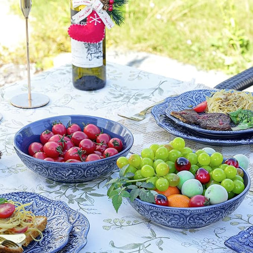 Sungmor Embossed Stoneware Fine Dining Dinnerware, Antique Baroque Style Porcelain 8 Inch Large Serving Bowls Set of 2, Sophisticated Ceramic Bowls for Salad, Soup, Cereal, Pasta