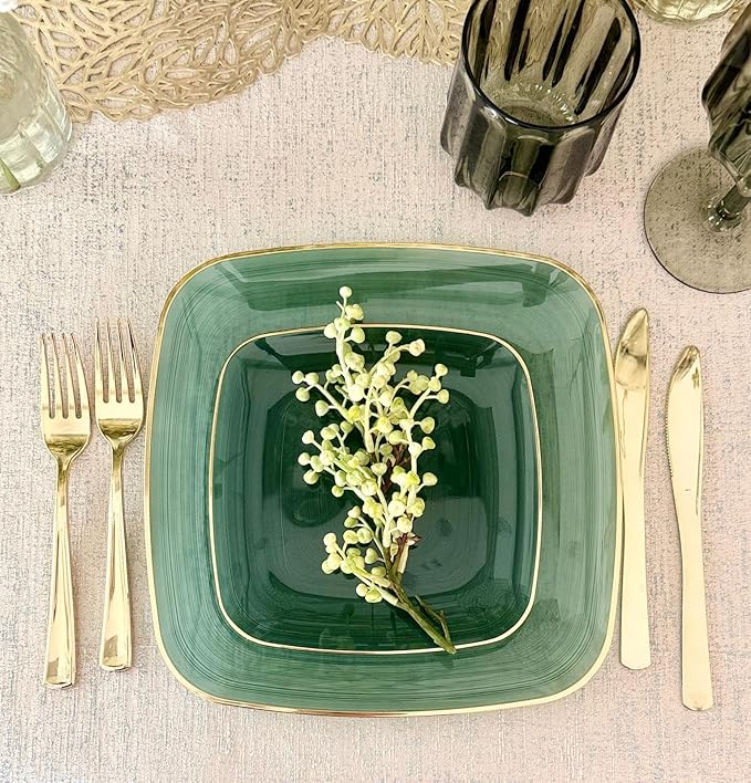 OCCASIONS 50 Green Disposable Plates (25 Guests) - Heavy Duty Square Plastic Dinnerware Set for Wedding Party, 25x10" Dinner + 25x7" Salad Dessert - Belize Square in Green & Gold