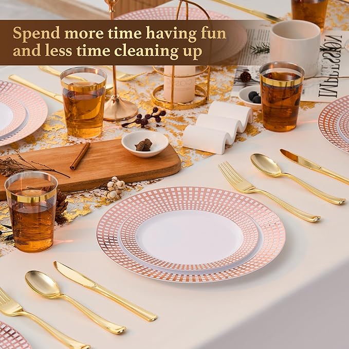Fijinhom 100PCS Heavy Duty Gold Plastic Plates for 50 Guests, for Party, Wedding, Birthday, Dinnerware Set of 50PCS 10" Dinner Plates & 50PCS 7.5" (Rose Gold)