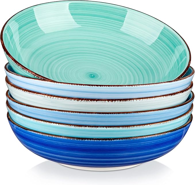vancasso Bonita 38 oz Ceramic Pasta Bowls Set of 6, Microwave & Dishwasher Safe, 8.5 Inch Elegant Shallow Bowls Set for Pasta, Salad, & Soup – Large Capacity Pasta Plates Sets, Blue