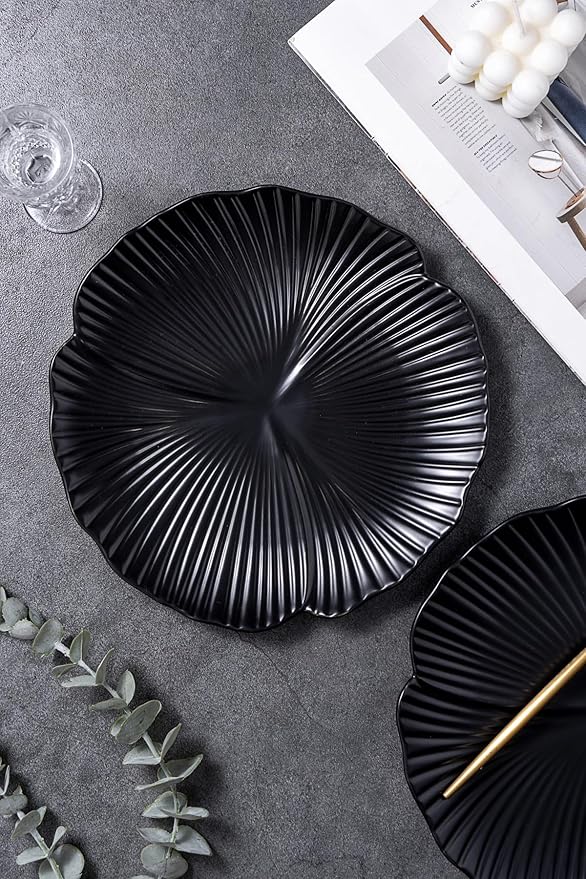 Jusalpha Set of 3-Japanese Style Flower Petal Shaped Porcelain Dinner Plates, Versatile Circular Serving Plates for Breakfast, Salad, Steak Dinner, PL019 (Flat plate, 10'', Black)