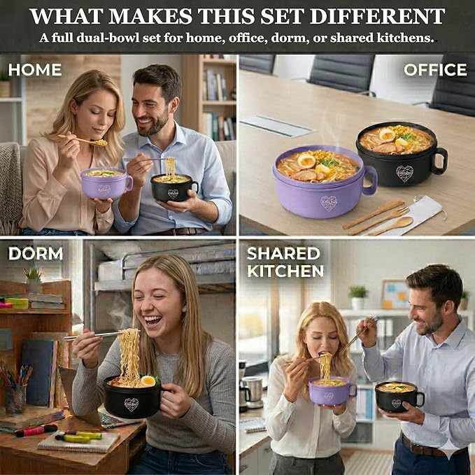AI LOVE PEACE Soup and Ramen Bowl Set of 2, 40 oz Microwaveable Noodle Bowls with Lids, Dishwasher Safe for Pho, Pasta, Rice, Oatmeal, Work Lunch (Purple & Red)