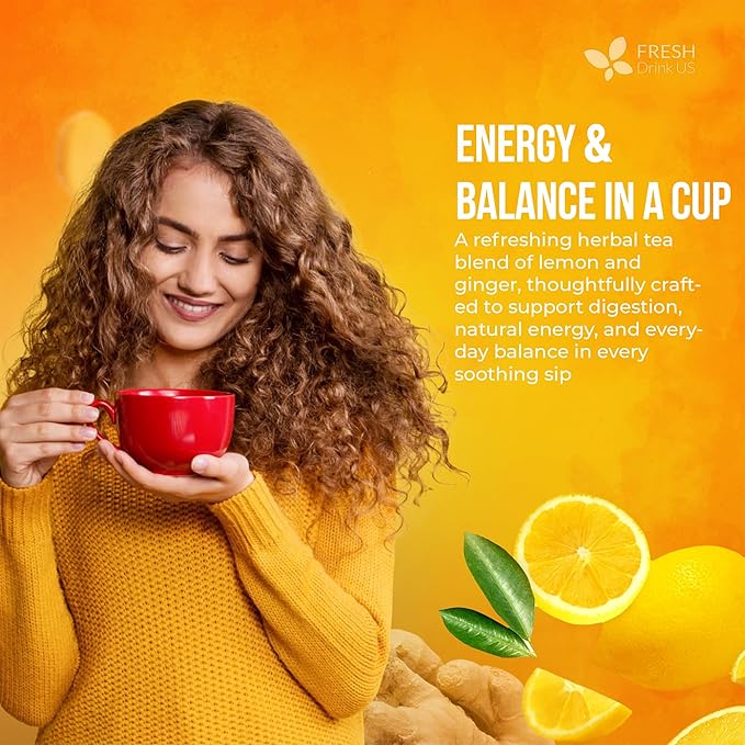 FreshDrinkUS, Premium 75 Lemon Ginger Tea Bags, 100% Natural Ingredients, Hand-made Blend of Lemon and Ginger, Eco-conscious Tea Bags. No Sugar, No Caffeine, No Gluten, Vegan.