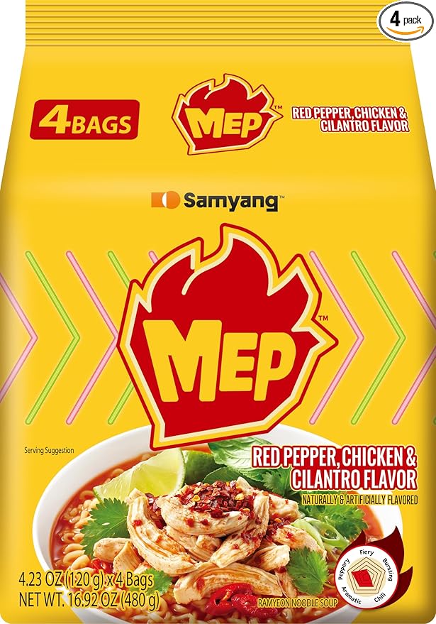 Samyang MEP Chicken Cilantro Ramen, Spicy Korean Instant Noodle, ENHYPEN Pick, Red Pepper Bone Broth, Lime Freshness Ramyeon (Pack of 4 bags)
