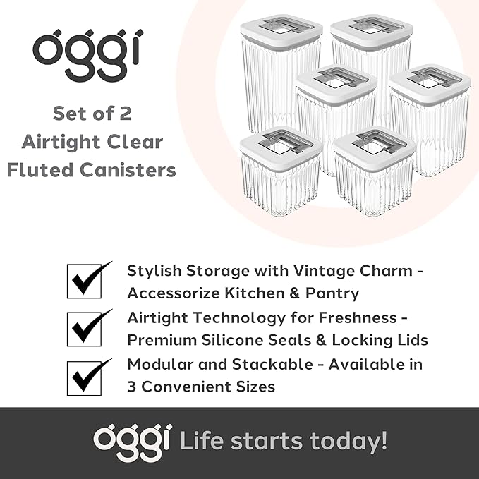 Oggi Airtight Clear Fluted Canister Set of 2 - Stackable Food Storage Containers with Lids, Vintage Modern Farmhouse Style, Kitchen Counter & Pantry Organization, Size - 2 x 40.5 fl oz / 1.2 Lt