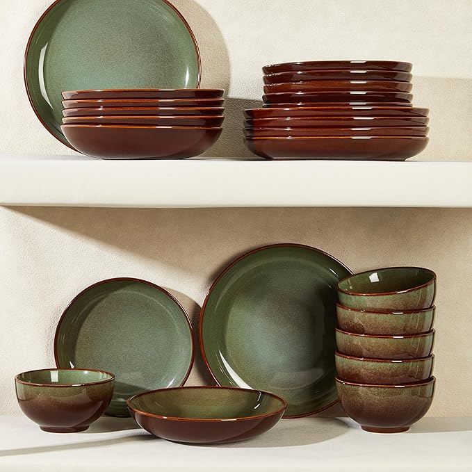 Pokini 24 Piece Double Bowl Dinnerware Sets with Pasta Bowls, Highly Chip and Crack Resistant Plates and Bowls Sets, Natural Earthyware Ceramic Dishware Sets, Service for 6 Brown Green