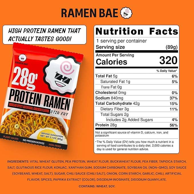 Ramen Bae High Protein Ramen Noodles Stir Fry - Korean Spicy Chicken Flavor 28g Protein - Air Dried Not Fried, Plant Based, Vegan Protein Noodles - Low Carb & Fat - Very Spicy (Pack of 6)