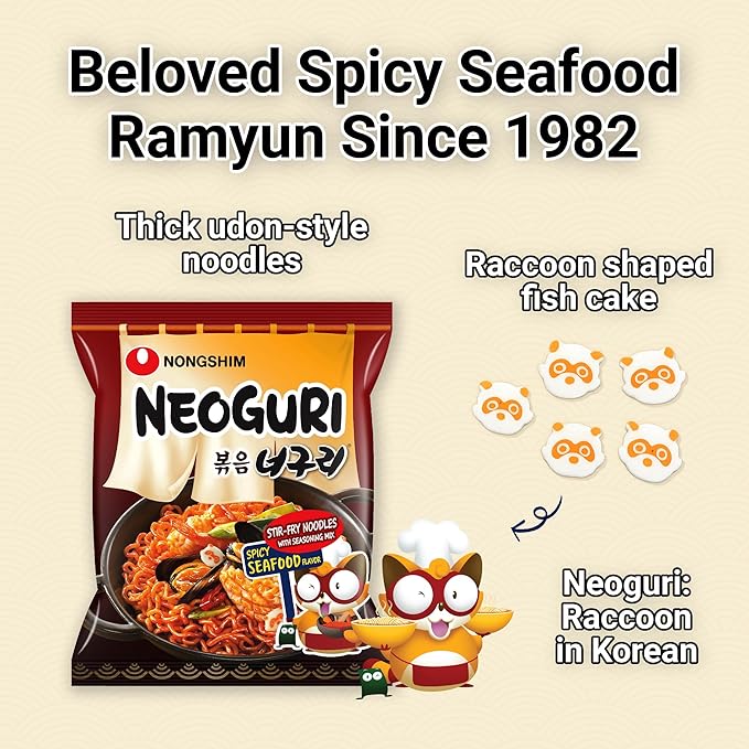 Nongshim Neoguri Spicy Seafood Stir Fry Ramyun Noodles, Seafood Flavored Korean Instant Noodles, Thick Noodles, Intense Chili Kick, 4.83 oz (Pack of 4)