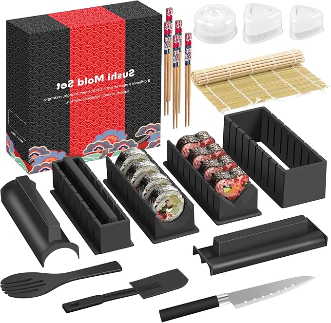 HI NINGER Sushi Making Kit Deluxe Edition Complete Sushi Maker Kit 17PCS Home Sushi Mold Press with Sushi Rice Roll Mold Shapes,Fork,Spatula, Sushi Knife, Sushi Rolling Mat, Chopsticks