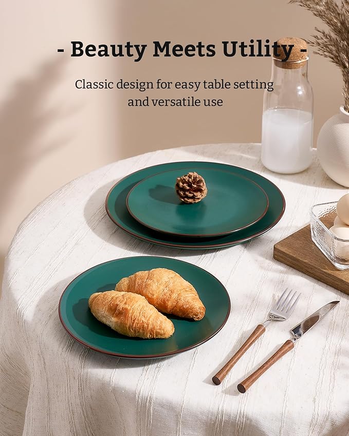 Famiware Venus Plates and Bowls Sets with Trim, 24 Pieces Speckled Stoneware Dinnerware Set for 8, Matte Dark Green - Microwave & Dishwasher Safe, Modern Minimalist, Dishes for Everyday & Formal Use