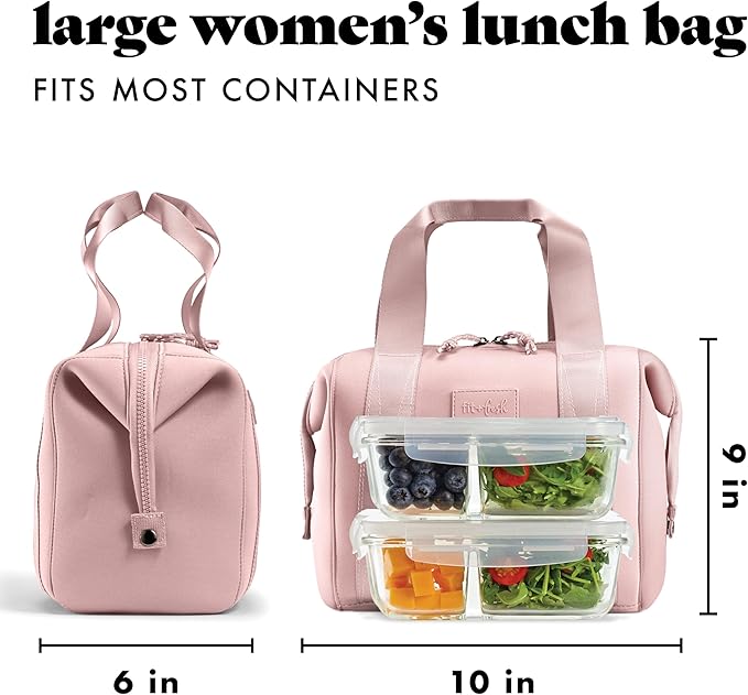 Fit & Fresh Remi Lunch Bag for Women Work – Neoprene Lunch Tote with Containers & Ice Pack, Reusable Meal Prep Lunch Box, Large Capacity, Machine Washable, Mauve