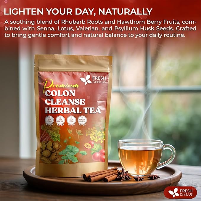 FreshDrinkUS, Premium Colon Cleanse Tea – 135 Tea Bags – Rhubarb Root & Hawthorn Berry with Senna, Lotus Leaf, Valerian Root & Psyllium Husk – Herbal Blend, Caffeine-Free. Vegan