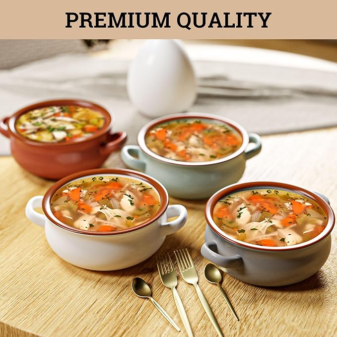 Ceramic Soup Bowls With Handles Set of 4 - 20 oz French Onion Soup Bowls Oven Safe - Dishwasher, Microwave & Oven Safe Bowl Set for Chili, Gumbo, Chowder - Soup Bowl With Handle - French Onion Crock