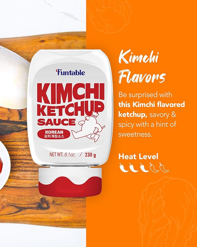 Funtable Kimchi Ketchup (8.1 oz, 230g) (Halal) - Savoury & Spicy Ketchup, Great Flavors, Easy-to-Use. Perfect for Chicken, Nuggets, Wings & Nachos, Tomato Sauce Alternative.