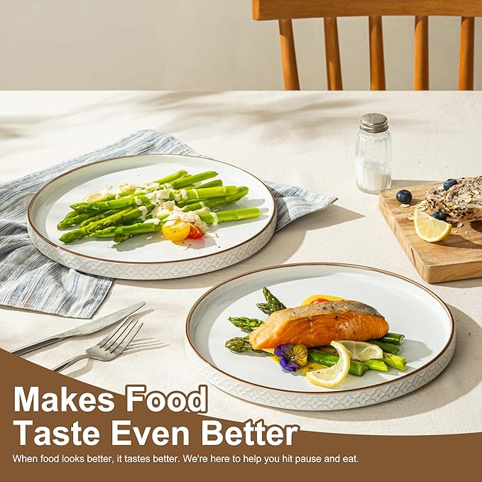 Dafuceramic Dinner Salad Plates Set of 4, 10 Inch Salad Plates with Embossments, Dessert, Salad, Appetizer, Dinner Plate, Microwave, Dishwasher Safe,Scratch Resistant