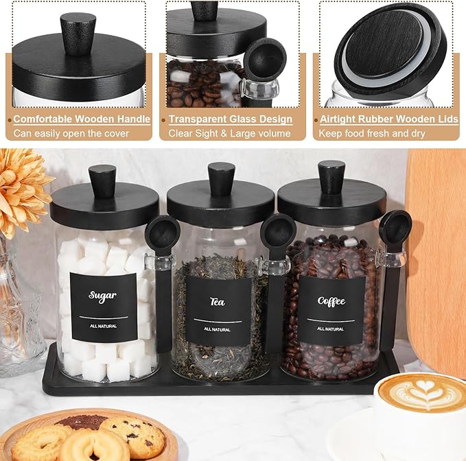 Suclain 3 Pcs Glass Coffee Container with Wooden Lid Spoon Shelf Labels Clear Airtight Jar Food Storage Canister Set for Sugar Spice Coffee Bean Holder Housewarming Gift(25 oz,Black Bamboo)