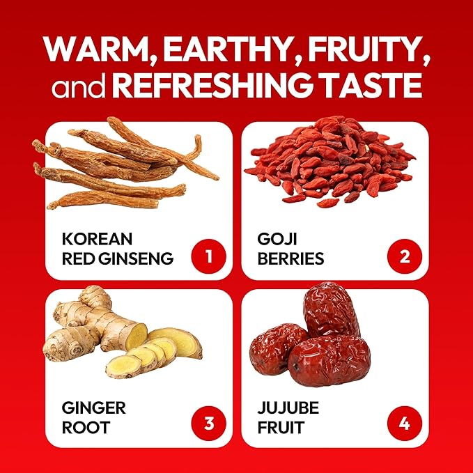 JUNG KWAN JANG US HongSamWon - Korean Red Ginseng Tea, Pre and Post Workout Herbal Energy Drink with Jujube, Cinnamon Ginger & Goji Berry - Caffeine Free, Non-GMO (60 Pouches, 1.69 fl oz)