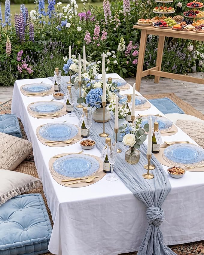 bUCLA 40PCS Clear Blue Plastic Plates - Hammered Disposable Plates with Gold Lace-Edge - Include 20 Each (10inch Dinner & 7inch Dessert) for Party, Birthday & Daily Use