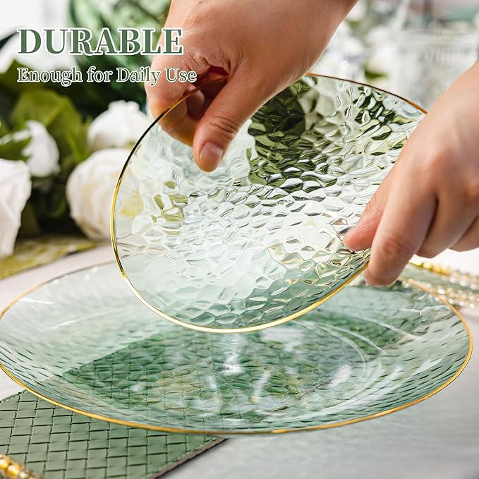 Lullaby 60pcs Green Plastic Plates with Gold Rim, Includes 30pcs Dinner Plate 10'' and 30pcs Clear Dessert Plate 7'', Green Disposable Plastic Plates for Parties, Birthdays and Wedding