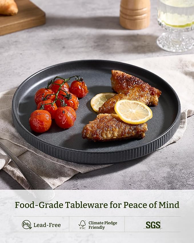 famiware Star Salad Plates for 6, 8 inches Plate Set, Stoneware Dinnerware, Small Dinner Plates for Dessert, Salad, Appetizer, Matte Dark Charcoal (Full Glaze)
