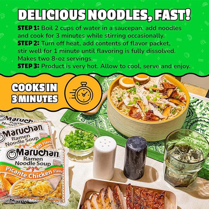 Maruchan Ramen Noodle Soup, Picante Chicken Flavor – Japanese-Style Instant Noodles, Quick & Easy Meal for Students & Busy Families – 3 Oz. (24 Pack)