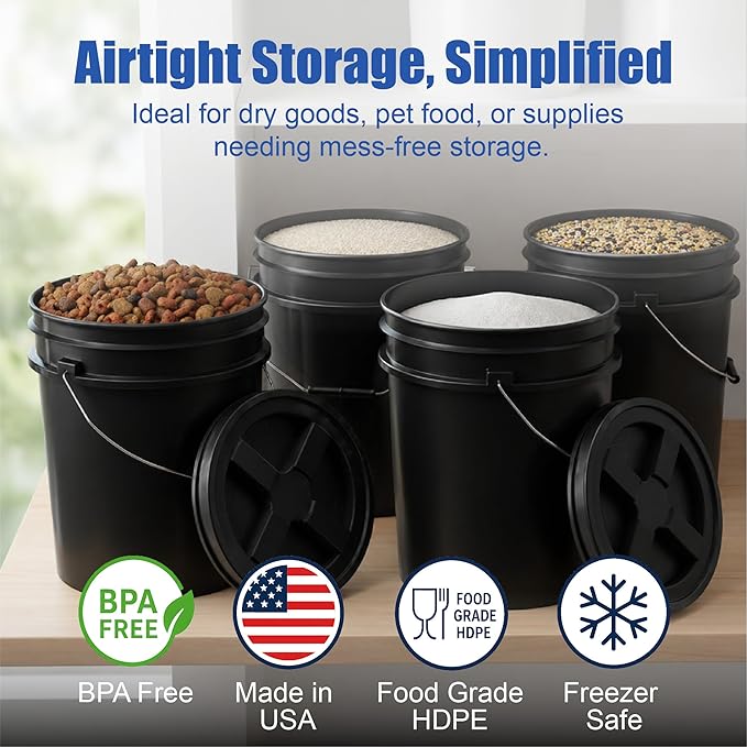 ePackageSupply 5 Gallon Bucket - Food Grade Bucket with Airtight Gamma Seal Screw-On Lid, BPA-Free, Heavy-Duty 90 Mil HDPE Plastic, Bulk Storage, Durable Container, Made in USA, Black/Black, 6 Packs