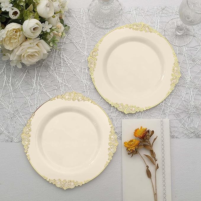 Efavormart 10 Pack | 8" Ivory and Gold Baroque Dessert Plates, Leaf Embossed Metallic Rim Heavy Duty Appetizer Plates for Vintage Shabby Chic Events