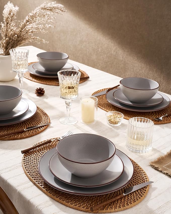 Famiware Venus Stoneware Dinnerware Set with Pasta Bowls for 4, 16-Piece Speckled Plates and Bowls with Trim, Matte Light Gray - Chip‑Resistant Dishes for Everyday & Formal, Microwave/Dishwasher Safe
