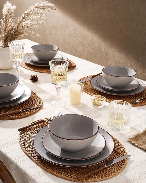 Famiware Venus Stoneware Dinnerware Set with Pasta Bowls for 6, 24-Piece Speckled Plates and Bowls with Trim, Matte Light Gray - Chip‑Resistant Dishes for Everyday & Formal, Microwave/Dishwasher Safe