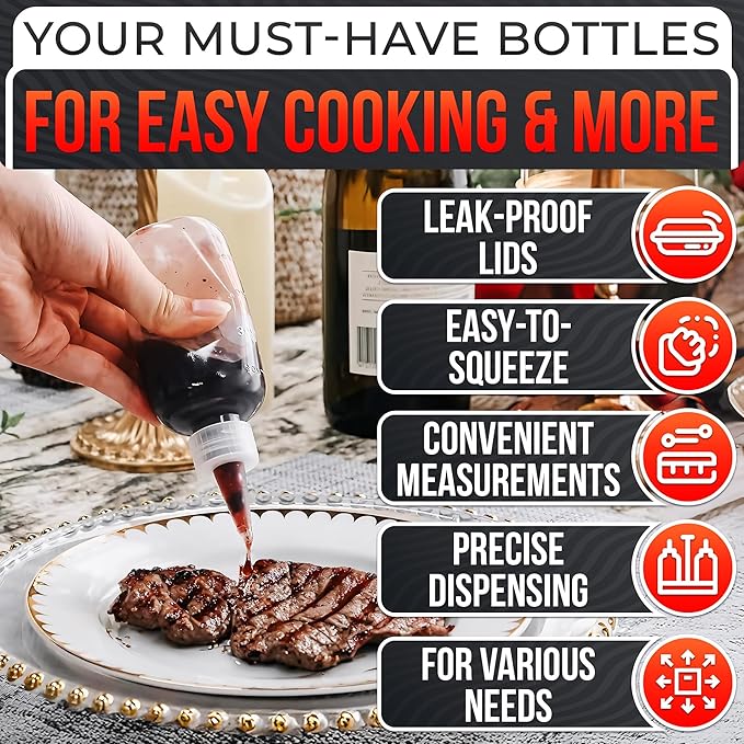 6-Pack Squeeze Bottles for Liquids 4 oz with Scale – No-Mess Dispensing | Clear Condiment Bottle Set for Sauces, Oil, Dressing, Syrup, Ketchup, Mustard & Cookie Decorating – Refillable Squirt Bottles
